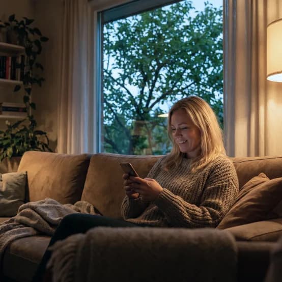 Donna seduta sul divano confronta preventivi per il fotovoltaico sullo smartphone